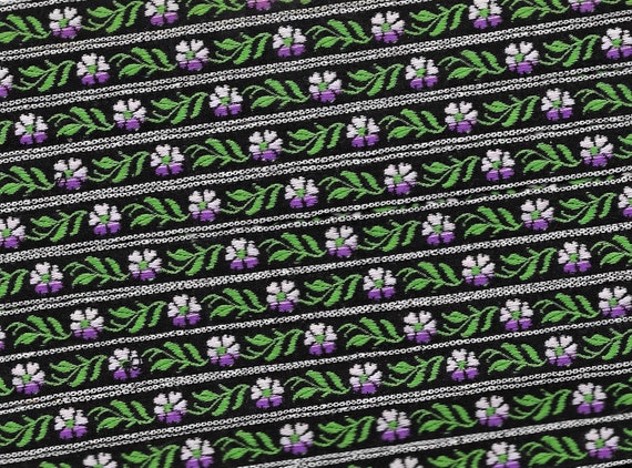 FLORAL A-19-C Jacquard Ribbon Cotton Trim 7/16" wide VINTAGE Made in Germany Black w/Variegated Lilac Flowers, Bright Green Leaves