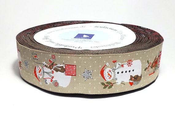 KERSTIN HESS Holiday Jacquard Ribbon Woven Trim 1-5/16" wide (30mm) From Germany "Snowmen" Beige Background w/Snowmen, Animals & Gifts
