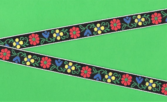 FLORAL C-13-P Jacquard Ribbon Cotton Woven Trim 3/4" wide (20mm) Black w/White Border, Red, Blue & Yellow Flowers, Green Leaves
