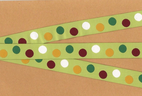 POLKA DOTS E-22-E Jacquard Ribbon Poly Trim, 7/8" Wide (22mm) Green Background, Green, Burgundy, White and Mustard Gold Polka Dots