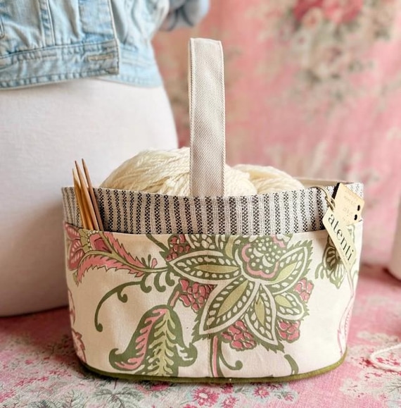 ATENTI Handmade Bags "ROSALIE" Vintage-Inspired Pink & Sage Floral, 8-Pocket Short Bucket Organizer, Needle Arts/Knitting Bag, USA Made