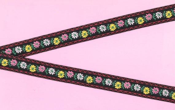 FLORAL D-16-E Jacquard Ribbon Cotton Trim 3/4" wide (20mm) VINTAGE Black w/Yellow, Pink & Bright Pink Flowers, Green Leaves, Red Accents