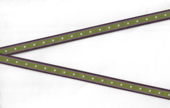 POLKA DOTS B-16-A Jacquard Ribbon Polyester Trim 1/2" Wide (13mm) Olive Green Background w/Brown & Lilac Borders, Small White Dots