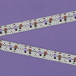 NOVEDAD/Deportes D-01-A Cinta de jacquard con ribete de poliéster de 3/4" de ancho (20 mm) fabricada en Francia, color gris con jugadores y pelotas de fútbol estilo futbolín
