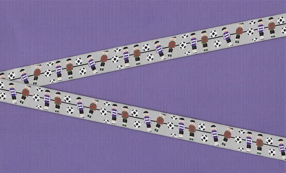 NOVELTY/Sports D-01-A Jacquard Ribbon Poly Trim 3/4" Wide (20mm) Made in France, Gray w/Foosball Style Soccer Players & Balls