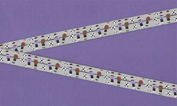 NOVELTY/Sports D-01-A Jacquard Ribbon Poly Trim 3/4" Wide (20mm) Made in France, Gray w/Foosball Style Soccer Players & Balls, Per Yard