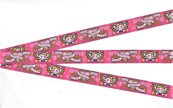 NOVELTY/Skulls C-01-B Jacquard Ribbon Poly Trim 5/8" wide (16mm) Pink Background w/Yellow Hearts, Pink Roses & White Banner, Per Yard