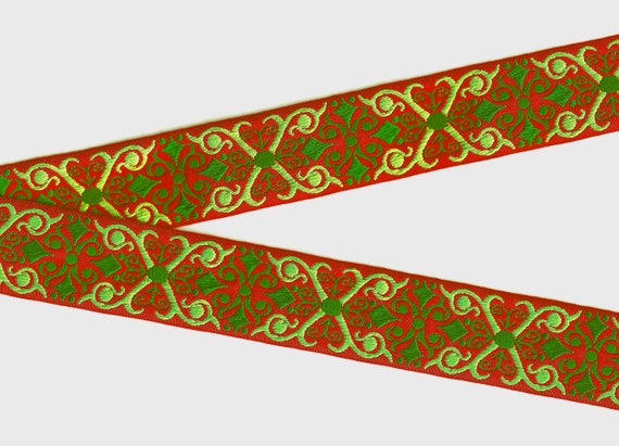 HOLIDAY H-09-J Jacquard Ribbon Woven Poly Trim 1-1/2" wide (38mm) Red Background, Lime Green "X" with Green Scrolls/Swirls, Per Yard