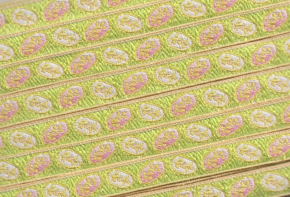 FLORAL B-09-E Jacquard Ribbon Woven Poly Trim 1/2" Wide (13mm) From France, Floral Medallion Design in Lime/Pink/Ivory/Yellow, Per Yard