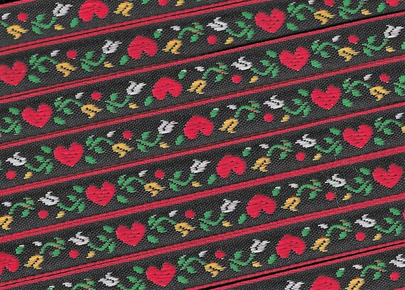 HEARTS/FLOWERS B-25-F Jacquard Ribbon Poly Trim 1/2" wide (13mm) Black w/Small Red Hearts, Yellow & White Flowers, Green Leaves REMNANTS