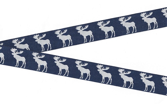 ANIMALS/Wildlife F-01-A Jacquard Ribbon Poly Trim 1" Wide (25mm) REVERSIBLE Large White Moose on Navy Blue Background