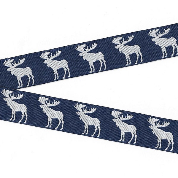 ANIMALS/Wildlife F-01-A Jacquard Ribbon Poly Trim 1" Wide (25mm) REVERSIBLE Large White Moose on Navy Blue Background