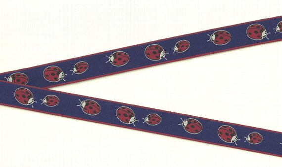 INSECTS D-02-A Jacquard Ribbon Poly Trim 3/4" wide (20mm) Navy w/Large & Small Red Ladybugs