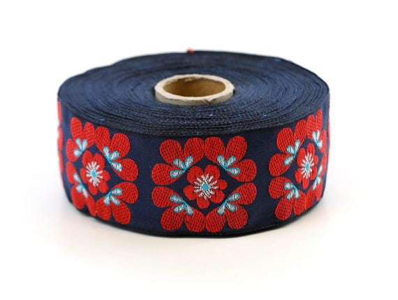 KAFKA G-13/08 Jacquard Ribbon Woven Organic Cotton Trim 1-1/4" wide (32mm) Navy Blue w/Red Mod Flowers, Turquoise & White Accents