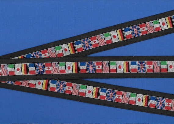 NOVELTY/Flags F-01-A Jacquard Ribbon Polyester Trim 1" wide (25mm) Black with Flags from UK, USA, Canada, Italy, France, Japan & Germany