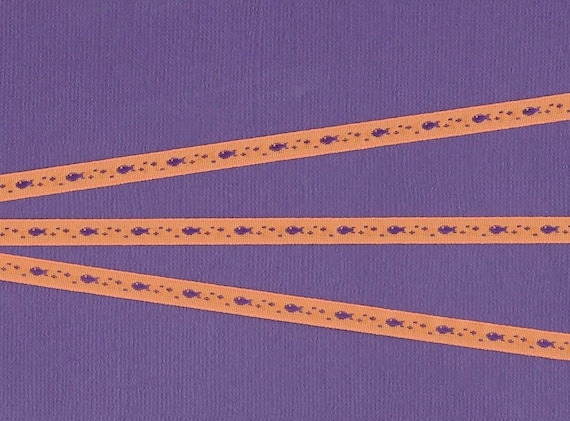 ANIMALS/Water A-01-E Jacquard Ribbon Poly Trim 1/4" wide (6mm) VINTAGE & RARE Orange Background w/Petite Purple Fish and Dot Accents