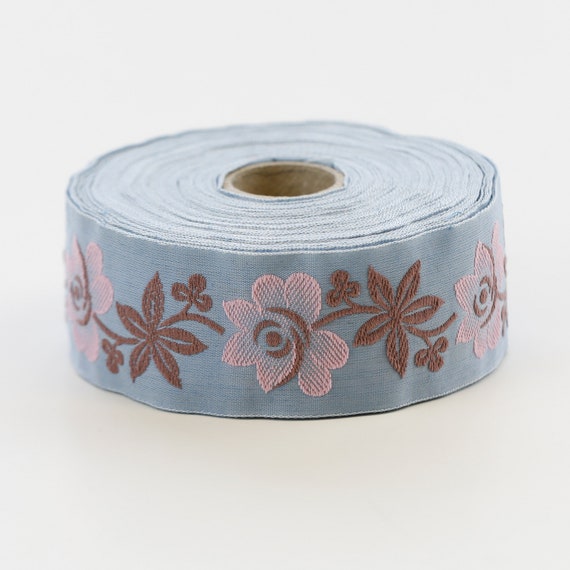 KAFKA G-16/03 Jacquard Ribbon Woven Organic Cotton Trim 1-5/16" wide (32mm) Lt Blue w/Pink "Alpine Rose" Flowers, Rosewood Leaves/Stems