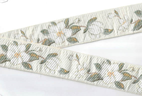 FLORAL TAPESTRY L-03-A Jacquard Ribbon Cotton Trim 2-1/8" wide (54mm) VINTAGE from Germany, Cream w/White Magnolia Flowers, Metallic Accents