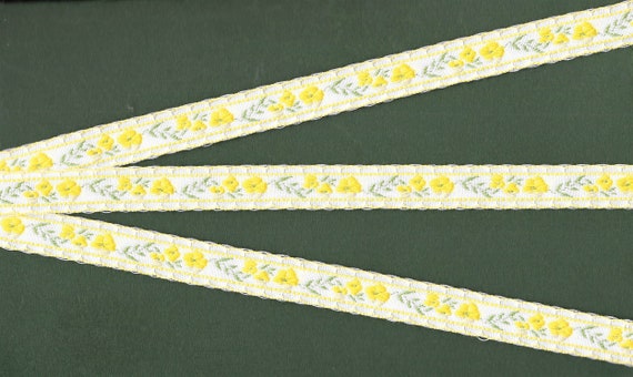 FLORAL C-15-G Jacquard Ribbon Trim Cotton/Rayon, 5/8" Wide (16mm) White w/Variegated Yellow Flowers, Olive Leaves, Picot Edges, Per Yard