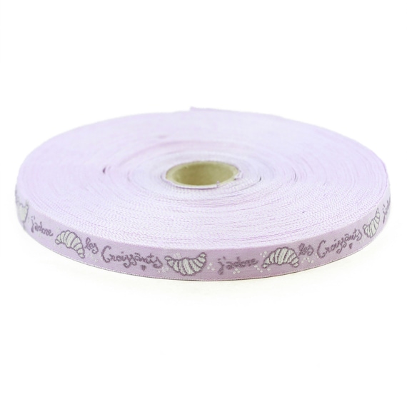 KAFKA A-07/03 Jacquard Ribbon Organic Cotton Trim 7/16" wide (10mm) PARIS Collection White, Purple & Lilac "J'adore les Croissants"