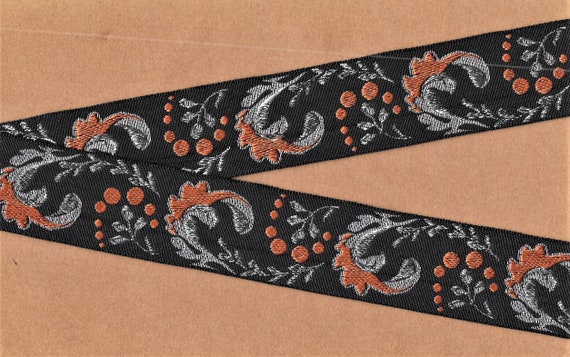 METALLIC H-01-F Jacquard Ribbon Poly Trim 1-1/2" wide (38mm) Black Background w/Copper Brown & Silver Metallic Swirl Leaf Design