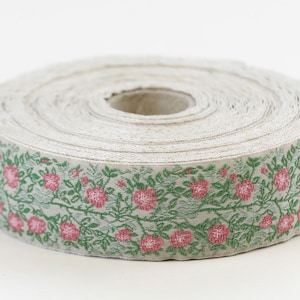 KAFKA F-02 / 03 Jacquard Band gewebt Bio Baumwolle Zierband 1"breit (25 mm) Beige mit Altrosa Wildrosen, 2-Ton Hellgrün Blätter
