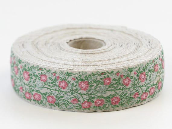 KAFKA F-02/03 Jacquard Ribbon Woven Organic Cotton Trim 1" wide (25mm) Beige w/Dusty Rose Pink Wild Roses, 2-Tone Bright Green Leaves
