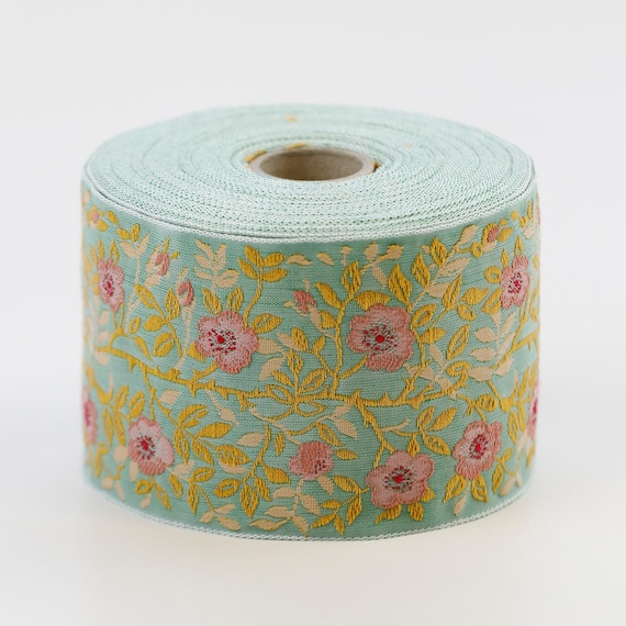 KAFKA L-01/21 Jacquard Ribbon Woven Organic Cotton Trim 2-3/8" wide (60mm) Green w/Rose Pink/Red Wild Roses, Taupe & Gold Leaves