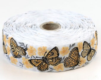 KAFKA G-22/09 Jacquard Ribbon Woven Organic Cotton Trim 1-1/4" wide (32mm) White with Black/Tan/Yellow Butterflies, Yellow & Tan Blossoms