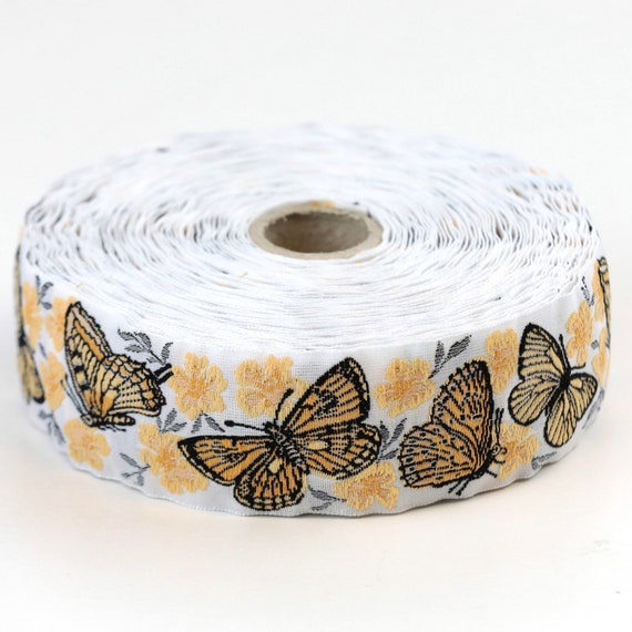 KAFKA G-22/09 Jacquard Ribbon Woven Organic Cotton Trim 1-1/4" wide (32mm) White with Black/Tan/Yellow Butterflies, Yellow & Tan Blossoms