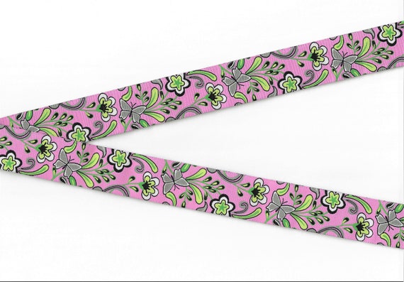 FLORAL G-74-A Jacquard Ribbon Poly Trim 1-1/8" wide (28mm) Douglas Paquette, Pink w/Gray Butterflies & Green Flowers, Per Yard