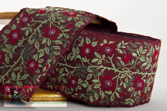 KAFKA L-01/14 Jacquard Ribbon, Cotton/Poly, 2-3/8" (60mm) Wide, From Germany, Burgundy w/Dk Red & Pink Dog Roses, Green Leaves, Per Yard