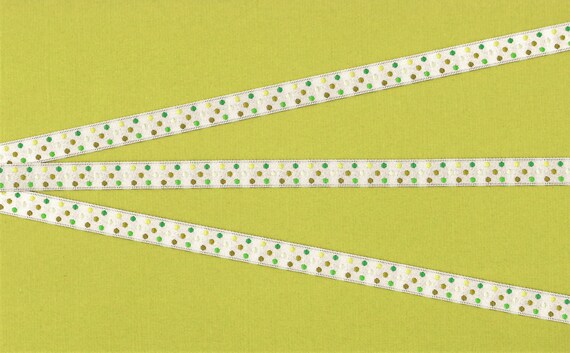 POLKA DOTS A-02-E Jacquard Ribbon Polyester Trim, 3/8" Wide (9mm) Variegated Shades of Green Mini Polka Dots on White Background