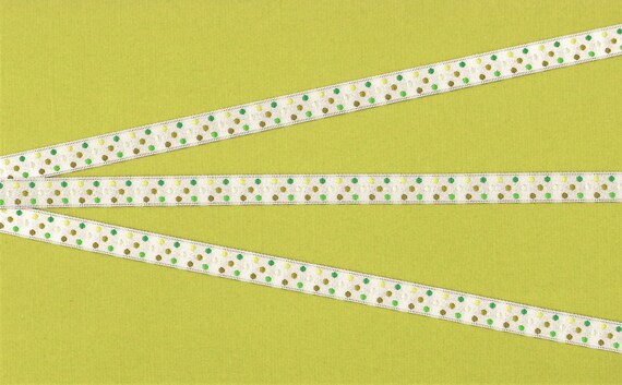 POLKA DOTS A-02-E Jacquard Ribbon Polyester Trim, 3/8" Wide (9mm) Variegated Shades of Green Mini Polka Dots on White Background