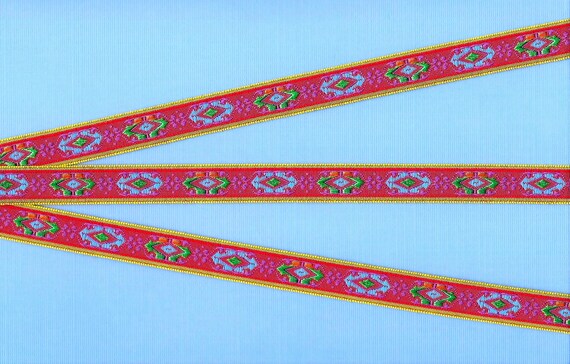 GEOMETRIC B-24-A Jacquard Ribbon Polyester Trim 9/16" wide (14mm) Red Background, Lime Borders w/Blue, Green & Orange Medallion Motif