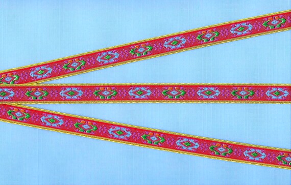 GEOMETRIC B-24-A Jacquard Ribbon Poly Trim 1/2" Wide (13mm) Red Background, Lime Borders w/Blue, Green & Orange Medallion Motif, Per Yard