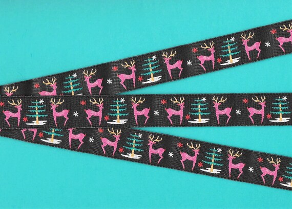 HOLIDAY E-35 Jacquard Ribbon Poly Trim, 7/8" Wide (22mm) Black w/Pink & Red Reindeer, Teal Trees, Snowflakes, REMNANTS