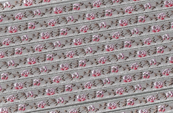 FLORAL A-01-L Jacquard Ribbon Polyester Trim, 5/16" wide, Taupe Background w/Variegated Pink & Red Flowers, Brown Leaves