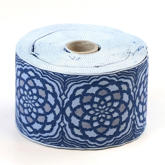 KAFKA L-07/01 Jacquard Ribbon Woven Organic Cotton Trim 2-3/8" wide (60mm) Blue Background w/Shades of Blue Floral Kaleidoscope