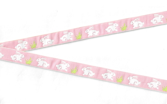 ANIMALS/Farm C-02-B Jacquard Ribbon Poly Trim 5/8" wide (16mm) Easter, Pink w/White Rabbits