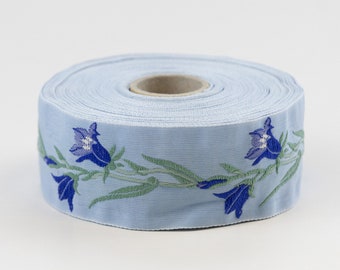 KAFKA G-02/03 Jacquard Ribbon Woven Organic Cotton Trim 1-1/4" wide (32mm) Lt Blue w/Royal Blue & Yellow Bell Flowers Green Leaves