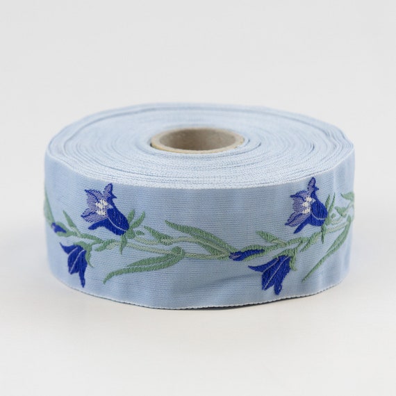 KAFKA G-02/03 Jacquard Ribbon Woven Organic Cotton Trim 1-1/4" wide (32mm) Lt Blue w/Royal Blue & Yellow Bell Flowers Green Leaves