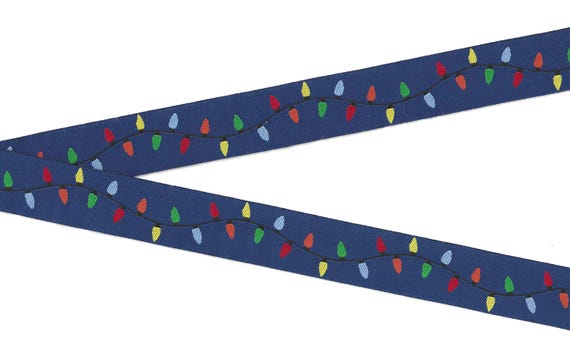 HOLIDAY E-46-A Jacquard Ribbon Poly Trim 7/8" wide (22mm) Navy w/String of Christmas Lights