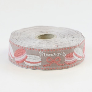 Cinta Jacquard KAFKA F-09/02 de algodón orgánico tejido con ribete de 1" de ancho (25 mm) Colección PARIS - ¡Galletas macarrones beige con blanco y albaricoque!