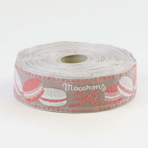 KAFKA F-09/02 Jacquard Ribbon Woven Organic Cotton Trim 1" wide (25mm) PARIS Collection - Beige w/White & Apricot Macaroon Cookies!
