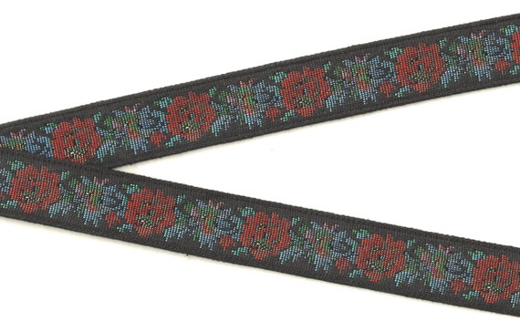 FLORAL TAPESTRY F-20-G Jacquard Ribbon Poly/Cotton Trim 1-1/8" wide (28mm) Black Background, Red/Teal/Blue Flowers, Gold Metallic Accents