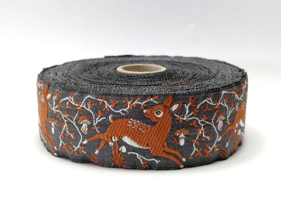 KAFKA G-35/03 Jacquard Ribbon Organic Cotton Trim 1-1/4" wide (32mm) Gray w/Rust-Brown Fawns