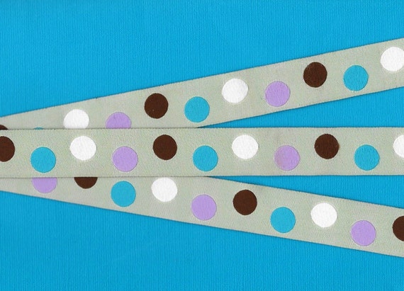 POLKA DOTS E-22-C Jacquard Ribbon Poly Trim 7/8" wide (22mm) Gray Background w/White, Lilac, Turquoise & Chocolate Brown Dots