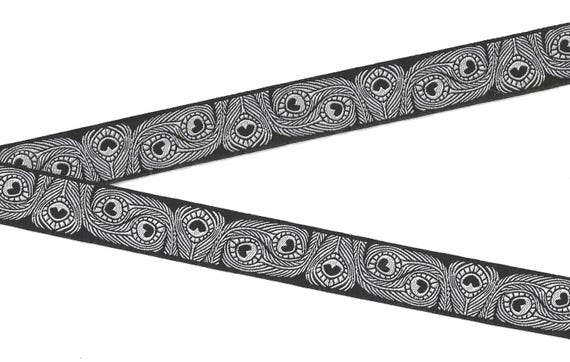 FLORAL E-06-B Jacquard Ribbon Poly Trim 7/8" wide (22mm) Raphael Kerley (Renaissance Ribbons) Black w/White Peacock Feathers
