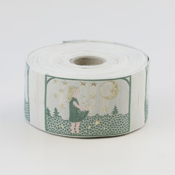 KAFKA H-09/02 Jacquard Ribbon Woven Organic Cotton Trim 1-5/8" wide (42mm) "Starcatcher" Girl w/Apron, Ivory, Green & Metallic Gold Accents
